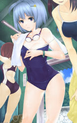 Rule 34 | 3girls, ass, bad id, bad pixiv id, blue eyes, blue hair, breasts, brown hair, bush, chano sasuke, cleavage, clothes pull, competition school swimsuit, competition swimsuit, goggles, goggles around neck, hair ornament, hairclip, head out of frame, highres, lamp, locker, locker room, multiple girls, off shoulder, one-piece swimsuit, one-piece swimsuit pull, open mouth, original, school swimsuit, short hair, smile, stone wall, swimsuit, towel, towel around neck, wall, wet