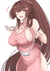 Rule 34 | 1girl, absurdres, alternate costume, apron, breasts, brown eyes, cherry blossoms, collarbone, flower, hair between eyes, hair flower, hair ornament, highres, holding, holding ladle, holding plate, jewelry, kantai collection, ken (shutenndouji1), ladle, large breasts, long hair, looking at viewer, naked apron, open mouth, pink apron, plate, ponytail, ring, round teeth, solo, tasting plate, teeth, upper teeth only, very long hair, wedding ring, yamato (kancolle)