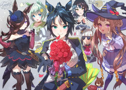 Rule 34 | ..., 6+girls, agnes tachyon (umamusume), ahoge, akanbe, animal ears, ascot, black dress, black gloves, black legwear, blue flower, blue rose, blush, bouquet, bow, braid, breasts, bug, butterfly, center frills, closed mouth, commentary request, dress, ear covers, eyelid pull, flat chest, flower, formal, frills, fuji kiseki (umamusume), gloves, gold ship (umamusume), green eyes, hair ornament, hair over one eye, hairpin, hamster, hand on own hip, hat, hat flower, highres, horse ears, horse girl, horse tail, insect, kashimoto riko, large bow, long sleeves, looking at viewer, mini hat, multiple girls, off-shoulder dress, off shoulder, open mouth, outstretched arm, petals, pointing, purple eyes, reaching, reaching towards viewer, rice shower (umamusume), rose, school uniform, seiun sky (umamusume), signature, single ear cover, small breasts, smile, sparkle, spoken ellipsis, suit, sunglasses, sweatdrop, sweep tosho (umamusume), tail, thighhighs, tongue, tongue out, tracen school uniform, translation request, twintails, twitter username, umamusume, white bow, witch hat, yanyo (ogino atsuki), yellow eyes