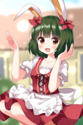 1girl :d animal_ears apron blunt_bangs blurry blurry_background blush bow brown_eyes collarbone commentary_request dress frilled_apron frills green_hair hands_up highres kin-iro_mosaic looking_at_viewer oomiya_shinobu open_mouth outdoors puffy_short_sleeves puffy_sleeves rabbit_ears red_bow red_dress ruu_(tksymkw) short_hair short_sleeves smile solo waist_apron white_apron