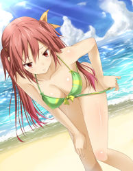 Rule 34 | 1girl, bare arms, bare shoulders, beach, bikini, bikini pull, breasts, brown hair, clothes pull, day, dutch angle, green bikini, highres, horizon, inu (mezonsidepark), long hair, looking away, medium breasts, ocean, original, outdoors, pulling own clothes, red eyes, solo, swimsuit, tsurime, twintails, water