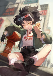 Rule 34 | 1girl, 3d glasses, :p, absurdres, an-an lee, ankle boots, bag, billboard, black choker, black footwear, black gloves, black hair, black skirt, blurry, blurry background, boots, chang zhao xiao quan, choker, city, clothes writing, cross-laced footwear, day, egg waffle, eyewear on head, fingerless gloves, fire hydrant, food, full body, gloves, green jacket, highres, holding, holding bag, holding food, jacket, lace-up boots, long sleeves, looking to the side, miniskirt, on ground, open clothes, open jacket, outdoors, paper bag, people, ponytail, reverse:1999, road, shirt, short hair, sitting, skirt, socks, solo, street, tongue, tongue out, white shirt, white socks, yellow eyes, yin yang