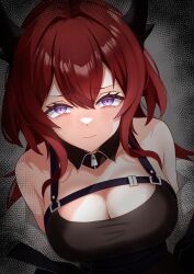 Rule 34 | 1girl, absurdres, arknights, aura, bare shoulders, black background, black dress, black horns, breasts, cleavage, close-up, closed mouth, commentary request, commission, dark aura, detached collar, dress, from above, hair between eyes, hair intakes, highres, horns, koki (si61309), large breasts, light blush, long hair, looking at viewer, off shoulder, purple eyes, red hair, scowl, sidelocks, skeb commission, solo, staring, strap, surtr (arknights), upper body, zipper, zipper pull tab