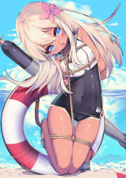 Rule 34 | 10s, 1girl, ao jun, bdsm, blonde hair, blue eyes, bondage, bound, breasts, flower, hair ornament, kantai collection, lifebuoy, ro-500 (kancolle), small breasts, solo, swim ring, swimsuit, tan, torpedo