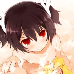 Rule 34 | 1boy, 1girl, black hair, breasts, face, hair ornament, indoors, kurasuke, looking at viewer, mixed-sex bathing, nipples, nude, original, red eyes, shared bathing, short hair, short twintails, small breasts, smile, soap bubbles, soapy, solo, towel, twintails, washing back