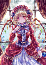 Rule 34 | 1girl, absurdres, alternate costume, arm up, blonde hair, blue flower, blue rose, blush, commentary, cowboy shot, curtains, day, dress, expressionless, flandre scarlet, flower, gothic lolita, hair flower, hair ornament, hairband, hand on own chest, head tilt, highres, holding, holding flower, indoors, layered dress, lolita fashion, lolita hairband, looking at viewer, one side up, purple flower, purple rose, red dress, red eyes, red headwear, rose, short hair, solo, standing, suzushina, touhou, twitter username, underbust, window, wings