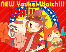 Rule 34 | &gt; o, 10s, 1boy, amano keita, brown hair, cat, cheerleader, chiyoko (oman1229), english text, fangs, food, ghost, burger, haramaki, jacket, jibanyan, multiple tails, notched ear, one eye closed, open clothes, open jacket, open mouth, pom pom (cheerleading), purple lips, short hair, smile, star (symbol), sunglasses, tail, two tails, watch, whisper (youkai watch), wristwatch, traditional youkai, youkai watch, youkai watch 3