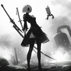 Rule 34 | 1girl, android, blindfold, boots, cleavage cutout, clothing cutout, covered eyes, full body, gloves, greyscale, high heel boots, high heels, ilya kuvshinov, monochrome, nier:automata, nier (series), pod (nier:automata), puffy sleeves, robot, short hair, solo, standing, sword, thighhighs, thighs, weapon, 2b (nier:automata)