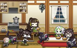Rule 34 | 5girls, :3, alternate costume, alternate hairstyle, apron, black hair, black jacket, black legwear, black skirt, blonde hair, blush stickers, brown hair, chibi, closed eyes, commentary, curry, dinergate (girls&#039; frontline), eating, english commentary, executioner (girls&#039; frontline), food, full body, girls&#039; frontline, gloves, green eyes, green hair, green legwear, gun, hair between eyes, hand fan, headgear, headphones, highres, holding, hunter (girls&#039; frontline), indoors, jacket, kitchen, kotatsu, long hair, long sleeves, m4 sopmod ii jr, m4a1 (girls&#039; frontline), multicolored hair, multiple girls, night, o o, open mouth, ponytail, red hair, robot, running, sangvis ferri, scarecrow (girls&#039; frontline), shirt, sitting, skirt, smile, soup ladle, spring onion, standing, streaked hair, table, the mad mimic, toaster, twintails, weapon, white hair, white shirt