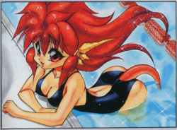 Rule 34 | 1990s (style), 1girl, arched back, arm support, bent over, breasts, casual one-piece swimsuit, cleavage, dragon half, from above, horns, lane line, mink (dragon half), mita ryuusuke, official art, one-piece swimsuit, pool, poolside, red eyes, red hair, retro artstyle, smile, solo, sparkle, swimsuit, tail, triangle mouth, wading, water