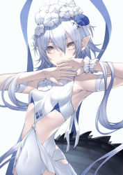 Rule 34 | 1girl, arknights, arm strap, armpits, arms up, banned artist, blue flower, breasts, casual one-piece swimsuit, covered navel, cowboy shot, crocodilian tail, flower, hair between eyes, hair flower, hair ornament, kyoeiki, long hair, looking at viewer, official alternate costume, one-piece swimsuit, pointy ears, scales, silver hair, simple background, small breasts, solo, swimsuit, tail, tomimi (arknights), tomimi (silent night) (arknights), v-shaped eyebrows, very long hair, white background, white flower, white one-piece swimsuit, wrist cuffs, yellow eyes