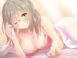 Rule 34 | 1girl, ;), adjusting eyewear, blush, bra, breasts, cleavage, closed mouth, collarbone, glasses, green eyes, grey hair, highres, kantai collection, katori (kancolle), koumei (twinameless), large breasts, long hair, looking at viewer, lying, on stomach, one eye closed, pink bra, rimless eyewear, smile, solo, strap slip, under covers, underwear
