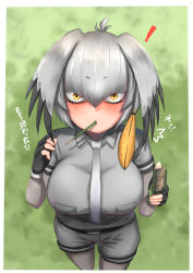 Rule 34 | !, !?, ^^^, black gloves, black hair, bodystocking, border, breast pocket, breasts, candy, collared shirt, commentary request, eating, fingerless gloves, food, food in mouth, frown, gloves, grey hair, grey neckwear, grey shirt, grey shorts, hair between eyes, hair intakes, hands up, highres, holding, john (a2556349), kemono friends, large breasts, layered sleeves, long hair, long sleeves, looking at viewer, looking up, mouth hold, multicolored hair, necktie, orange hair, pocket, pocky, pov, shirt, shoebill (kemono friends), short over long sleeves, short sleeves, shorts, sidelocks, standing, surprised, sweat, translation request, yellow eyes