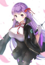 Rule 34 | &gt;:), 10s, 1girl, absurdres, bb (fate), bb (fate/extra), black jacket, black skirt, black thighhighs, blush, breasts, cherry blossoms, closed mouth, collared shirt, commentary, cowboy shot, fate/extra, fate/extra ccc, fate (series), gloves, hair ribbon, hand up, high-waist skirt, high collar, highres, holding, holding riding crop, holding whip, holmemee, jacket, large breasts, long hair, long sleeves, looking at viewer, motion blur, neck ribbon, open clothes, open jacket, petals, print thighhighs, purple eyes, purple hair, red ribbon, ribbon, riding crop, shirt, simple background, skirt, smile, solo, sparkle, standing, taut clothes, taut shirt, thighhighs, v-shaped eyebrows, very long hair, white background, white gloves, wide sleeves, wind