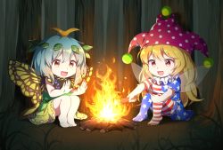 Rule 34 | 2girls, :d, american flag dress, american flag legwear, antennae, barefoot, black dress, blonde hair, blue hair, butterfly wings, campfire, chibi, clownpiece, commentary request, dress, eternity larva, fairy wings, fire, forest, full body, grass, green dress, hair between eyes, hands up, hat, holding, horizontal-striped legwear, insect wings, jester cap, kaoling, knees up, leaf, leaf on head, long hair, multicolored clothes, multicolored dress, multiple girls, nature, neck ruff, no shoes, open mouth, orange eyes, outdoors, pantyhose, polka dot headwear, purple hat, red eyes, short dress, short hair, short sleeves, sitting, sleeveless, sleeveless dress, smile, star (symbol), star print, striped clothes, striped legwear, striped pantyhose, thighs, torch, touhou, very long hair, wings