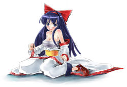 Rule 34 | 1girl, ainu clothes, alternate breast size, artist request, blue eyes, blue hair, blush, breasts, cleavage, hair ribbon, japanese clothes, large breasts, long hair, nakoruru, open clothes, open mouth, ribbon, samurai spirits, sarashi, sitting, snk, solo