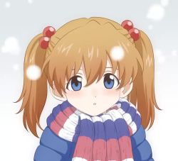 Rule 34 | 1girl, aged down, alternate hairstyle, animated, baumku techen, blue eyes, blush, brown hair, child, hair between eyes, hair bobbles, hair ornament, long hair, looking at viewer, neon genesis evangelion, scarf, simple background, smile, snowflakes, solo, souryuu asuka langley, twintails, upper body, very long hair, video, winter clothes