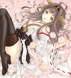 Rule 34 | 10s, 1girl, bare shoulders, black thighhighs, blush, brown eyes, brown hair, detached sleeves, double bun, flower, frilled skirt, frills, hair bun, hair ornament, hairband, headgear, japanese clothes, kantai collection, kongou (kancolle), kotobuki-a, long hair, lying, nontraditional miko, open mouth, personification, pink flower, pink rose, ribbon-trimmed sleeves, ribbon trim, rose, skirt, smile, solo, thighhighs