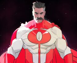 Rule 34 | 1boy, bodysuit, frown, invincible (series), large pectorals, liyamou, looking at viewer, male focus, multicolored hair, muscular, muscular male, mustache, old, old man, omni-man, pectorals, red bodysuit, serious, short hair, solo, space, straight-on, thick mustache, two-tone bodysuit, two-tone hair, upper body, white bodysuit, wrinkled skin