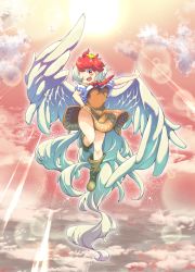 Rule 34 | 1girl, ;d, animal, animal on head, bird, bird tail, bird wings, blonde hair, boots, breasts, chick, cloud, cloudy sky, commentary request, dress, feathered wings, floating, full body, highres, legs, lens flare, looking at viewer, medium breasts, medium hair, multicolored hair, niwatari kutaka, on head, one eye closed, open mouth, orange dress, outstretched arm, red eyes, red hair, red sky, short sleeves, sky, smile, solo, sun, sunlight, tanasuke, touhou, two-tone hair, wings