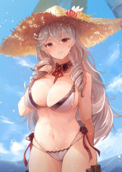 Rule 34 | 1girl, algerie (azur lane), algerie (white sand paradise) (azur lane), arm behind back, azur lane, bikini, blue sky, breasts, cleavage, closed mouth, drill hair, drill sidelocks, feet out of frame, from behind, grey hair, hand in own hair, hand on back, hat, highres, large breasts, long hair, looking at viewer, mole, mole under eye, navel, official alternate costume, purple eyes, sea nami, sidelocks, sky, smile, solo, standing, sun hat, swimsuit, white bikini
