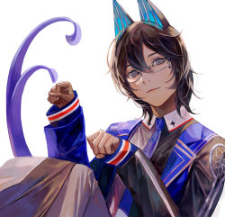 Rule 34 | 1boy, arjuna (fate), arjuna alter (fate), arjuna alter (student council president) (fate), black eyes, black hair, blue horns, blue jacket, blue necktie, daeraeband, dark-skinned male, dark skin, fate/grand order, fate (series), glasses, glowing horns, hair between eyes, highres, horns, indian clothes, jacket, light smile, long sleeves, looking at viewer, male focus, necktie, official alternate costume, paw pose, short hair, simple background, sleeves past wrists, smile, solo, tail, white background