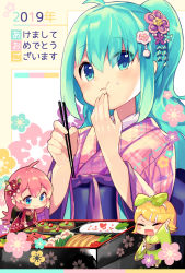 Rule 34 | 2019, 3girls, :d, :t, ahoge, aqua hair, back bow, black bow, blonde hair, blue eyes, bow, checkered bow, checkered clothes, chibi, chopsticks, closed eyes, closed mouth, commentary request, eating, flower, food, food on face, green bow, green kimono, hair bow, hair flower, hair ornament, hairband, hairclip, hatsune miku, high ponytail, highres, holding, holding chopsticks, ikari (aor3507), japanese clothes, kagamine rin, kimono, long hair, long sleeves, megurine luka, mini person, minigirl, multiple girls, new year, obi, open mouth, pink hair, pink kimono, ponytail, red flower, red kimono, rice, rice on face, sash, sidelocks, smile, standing, very long hair, vocaloid, white hairband, wide sleeves