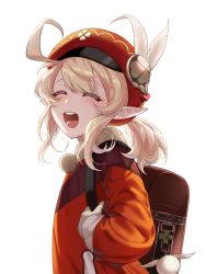 Rule 34 | 1girl, :d, ahoge, backpack, bag, blonde hair, cabbie hat, closed eyes, dress, genshin impact, gloves, hat, hat ornament, highres, klee (genshin impact), long hair, long sleeves, open mouth, piyo (kyyla), pointy ears, red dress, red hat, sidelocks, simple background, smile, solo, teeth, tongue, twintails, upper body, upper teeth only, white background