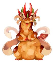 Rule 34 | animal, animal focus, dragon, food, food focus, full body, highres, horns, looking at viewer, no humans, omarumaru, original, red eyes, simple background, solo, standing, takoyaki, tentacles, tongue, tongue out, white background, wings