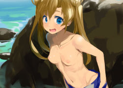 Rule 34 | 10s, 1girl, abukuma (kancolle), blue eyes, breasts, double bun, hair rings, kantai collection, kusaka souji, long hair, looking at viewer, navel, nipples, open mouth, small breasts, solo, topless, twintails, undressing, water, wavy mouth