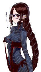 Rule 34 | 1girl, black dress, blue dress, blush, braid, breasts, brown eyes, brown hair, center opening, closed mouth, dress, earrings, fate/grand order, fate (series), glasses, highres, honjou raita, jewelry, long hair, looking at viewer, medium breasts, multiple earrings, multiple piercings, ribbed dress, ribbon-trimmed dress, sidelocks, simple background, very long hair, white background, yu mei-ren (fate), yu mei-ren (first ascension) (fate)