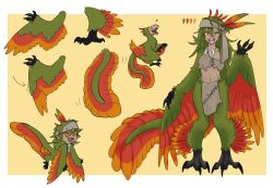 Rule 34 | 1girl, bird legs, claws, commentary request, commission, dinosaur girl, dinosaur tail, feather hair ornament, feathered wings, feathers, green feathers, green hair, hair ornament, harpy, headband, highres, jewelry, loincloth, long hair, midriff, monster girl, navel, necklace, orange feathers, orange wings, original, second-party source, sharp teeth, skeb commission, tail, talons, teeth, tooth necklace, urotori, winged arms, wings