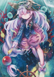 Rule 34 | 1girl, absurdres, alternate hairstyle, boots, bow, bowtie, bubble, bubble skirt, coral, crown, full body, hand fan, hata no kokoro, highres, huge filesize, jellyfish, light purple hair, long hair, long sleeves, low-tied long hair, one eye closed, plaid, plaid shirt, purple eyes, sanso, scan, shirt, skirt, solo, sparkle, touhou, treasure, underwater