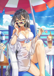 Rule 34 | 1girl, adjusting eyewear, adjusting glasses, ass, bare legs, bare shoulders, bikini, black hair, blue sky, breasts, chair, cleavage, cloud, cloudy sky, collarbone, cup, day, drinking glass, earrings, flower, front-tie bikini top, front-tie top, green eyes, halterneck, hand on eyewear, hand up, highres, holding, holding spoon, horizon, jewelry, knee up, large breasts, lifebuoy, long hair, looking at viewer, looking over eyewear, looking over glasses, mosta (lo1777789), navel, ocean, off shoulder, original, outdoors, parfait, parted lips, shirt, sidelocks, sitting, sky, solo, spoon, sunglasses, swim ring, swimsuit, thighs, tinted eyewear, vase, very long hair, white bikini, white flower, white shirt