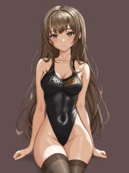 Rule 34 | 1girl, absurdres, arms at sides, black leotard, black one-piece swimsuit, blush, breasts, brown background, brown eyes, brown hair, brown thighhighs, cleavage, clenched hands, closed mouth, collarbone, commentary, covered navel, cowboy shot, hair over shoulder, highleg, highleg leotard, highleg swimsuit, highres, legs together, leotard, logo, long hair, looking at viewer, medium breasts, one-piece swimsuit, original, pornhub, see-through thighhighs, sideboob, simple background, sitting, skin tight, solo, swimsuit, terebravisse, thighhighs