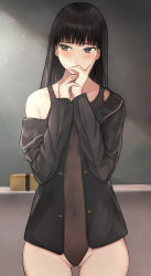 Rule 34 | 1girl, amagami, ayatsuji tsukasa, black eyes, black hair, black jacket, blazer, blunt bangs, blush, breasts, chalkboard, classroom, commentary, competition swimsuit, covered navel, highres, jacket, long hair, long sleeves, looking away, looking to the side, nervous, one-piece swimsuit, open clothes, open jacket, serizawa (serizawaroom), solo, standing, swimsuit