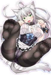 Rule 34 | 1girl, ahoge, alternate costume, animal ears, atalanta (fate), atalanta alter (fate), atalanta alter (first ascension) (fate), bad id, bad pixiv id, belt collar, black pantyhose, blush, breasts, cat ears, cat girl, cat tail, collar, crotch, enmaided, eyelashes, fang, fate/grand order, fate (series), feet, female focus, green eyes, gusset, hair between eyes, large breasts, long hair, looking at viewer, lying, maid, no shoes, open mouth, panties, pantyhose, shirokuma a, silver hair, simple background, soles, solo, tail, thighband pantyhose, toes, underwear, white background, white panties, wrist cuffs