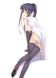 Rule 34 | 1girl, all fours, ass, black thighhighs, blue eyes, blue hair, china dress, chinese clothes, dress, elbow gloves, f-ism, gloves, high heels, long hair, looking back, matching hair/eyes, murakami suigun, original, panties, pantyshot, ponytail, shoes, solo, thigh gap, thighhighs, thighs, underwear, white panties