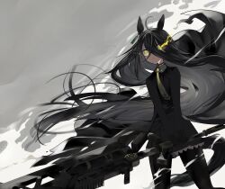 Rule 34 | 1girl, absurdly long hair, absurdres, ahoge, animal ears, black choker, black coat, black gloves, black hair, black pantyhose, black skirt, black vest, choker, coat, collared shirt, commentary request, commission, earrings, expressionless, feet out of frame, flaming eye, floating hair, fujiyama ichiha, gloves, grey background, gun, hair between eyes, hair over one eye, halftone, highres, holding, holding gun, holding weapon, horse ears, horse girl, horse tail, jewelry, long bangs, long hair, long sleeves, looking at viewer, machine gun, manhattan cafe (umamusume), necktie, open clothes, open coat, pantyhose, parted lips, pleated skirt, shirt, single earring, skeb commission, skirt, smoke, solo, standing, tail, two-handed, umamusume, v arms, very long hair, vest, weapon, white shirt, yellow eyes, yellow necktie