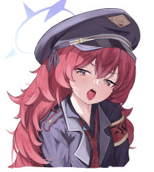 Rule 34 | 1girl, armband, black hat, black jacket, black shirt, blue archive, collared shirt, commentary, cropped torso, crossed bangs, grey eyes, hair between eyes, halo, hat, head tilt, highres, iroha (blue archive), jacket, lechiennoir, long hair, looking to the side, loose necktie, military, military hat, military jacket, military uniform, necktie, open mouth, peaked cap, red armband, red hair, red necktie, shirt, simple background, solo, tongue, tongue out, uniform, wavy hair, white background
