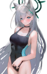 Rule 34 | 1girl, ahoge, alternate costume, animal ear fluff, animal ears, antenna hair, bare arms, bare shoulders, black choker, black halo, black one-piece swimsuit, blue archive, blue eyes, blurry, blush, breasts, choker, cleavage, closed mouth, competition swimsuit, covered navel, cross, cross hair ornament, depth of field, extra ears, flying sweatdrops, grey hair, hair between eyes, hair intakes, hair ornament, halo, hanato (seonoaiko), highleg, highleg swimsuit, highres, inverted cross, large breasts, long hair, looking at viewer, mismatched pupils, one-piece swimsuit, shiroko (blue archive), shiroko (swimsuit) (blue archive), shiroko terror (blue archive), simple background, solo, swimsuit, thighs, very long hair, white background, wolf ears, wolf girl