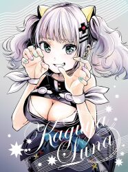 Rule 34 | 1girl, animal ears, bare shoulders, blue eyes, blunt bangs, breasts, cat ears, character name, claw pose, cleavage, cleavage cutout, clothing cutout, commentary request, cowboy shot, grey hair, grin, hair ornament, hands up, high collar, highres, kaguya luna, large breasts, long hair, looking at viewer, nail polish, purple nails, short twintails, simple background, smile, solo, teeth, tenacitysaho, the moon studio, twintails, virtual youtuber, yellow nails