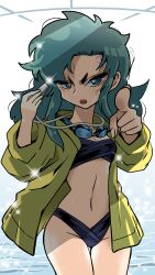 Rule 34 | 1girl, :o, bikini, black bikini, breasts, goggles, goggles around neck, green eyes, green hair, highres, holding, holding whistle, houkago himitsu club, indoors, jacket, kurobara angelica, long hair, navel, otonami sw, pointing, pointing at viewer, small breasts, solo, standing, swimsuit, water, whistle, yellow jacket