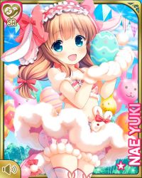 Rule 34 | 1girl, :d, animal ears, blue eyes, bow, brown hair, rabbit ears, rabbit tail, character name, day, dress, easter, easter bunny, easter egg, egg, fake animal ears, fake tail, girlfriend (kari), gloves, hair bow, holding, holding egg, jumping, long hair, looking at viewer, midriff, navel, official art, open mouth, pink bow, qp:flapper, ribbon, smile, solo, standing, standing on one leg, tail, two side up, white dress, white legwear, yuuki nae
