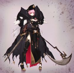Rule 34 | 1girl, absurdres, armor, breasts, cleavage, commentary, english commentary, highres, holding, holding scythe, holding sword, holding weapon, hololive, hololive english, jin grey paladin, large breasts, long hair, looking at viewer, mori calliope, pauldrons, red eyes, scythe, shoulder armor, solo, standing, sword, thighhighs, virtual youtuber, weapon