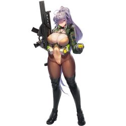 Rule 34 | 1girl, ahoge, assault rifle, blue eyes, bodystocking, bodysuit, boots, breasts, brown thighhighs, cameltoe, chest strap, cleavage, cleavage cutout, clothing cutout, explosive, full body, game cg, gloves, gnome (last origin), grenade, gun, hair over one eye, highres, huge breasts, last origin, leotard, long hair, military, military uniform, official art, pantyhose, ponytail, purple hair, revealing clothes, rifle, snowball, snowball22, solo, tachi-e, thigh boots, thighhighs, transparent background, uniform, weapon, yellow leotard