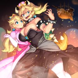 Rule 34 | 2girls, aircraft, airship, armlet, bare shoulders, black dress, blonde hair, blue eyes, blush, bowsette, bracelet, breasts, brooch, cleavage, collar, commentary, crown, dress, earrings, elbow gloves, gloves, horns, jewelry, large breasts, long hair, looking at another, looking down, mario (series), multiple girls, new super mario bros. u deluxe, nintendo, open mouth, pink dress, princess peach, sharp teeth, shell, spiked bracelet, spiked collar, spiked shell, spikes, super crown, tail, teeth, white gloves, yana (nekoarashi)