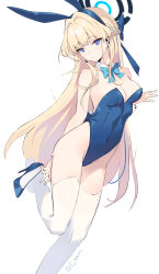 Rule 34 | 1girl, animal ears, blonde hair, blue archive, blue eyes, blue hair, blue leotard, blush, breasts, cleavage, covered navel, fake animal ears, headset, highres, leotard, litsvn, long hair, medium breasts, multicolored hair, official alternate costume, playboy bunny, putting on shoes, rabbit ears, simple background, solo, thighhighs, toki (blue archive), toki (bunny) (blue archive), two-tone hair, very long hair, white background, white thighhighs