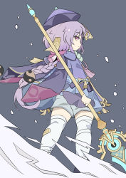 Rule 34 | 1girl, absurdres, bandaged leg, bandages, bead necklace, beads, braid, cape, commentary request, from behind, genshin impact, grey background, hair between eyes, hat, highres, holding, holding polearm, holding spear, holding weapon, jewelry, jiangshi, long hair, long sleeves, looking at viewer, looking back, low ponytail, necklace, ofuda, orb, polearm, purple eyes, purple hair, qingdai guanmao, qiqi (genshin impact), shorts, sidelocks, simple background, single braid, solo, spear, thighhighs, weapon, white thighhighs, wind, xianyu fanshen qian, yin yang, yin yang orb, zettai ryouiki