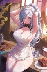 Rule 34 | 1girl, absurdres, apron, armpits, arms up, bad id, bad twitter id, blue eyes, blush, breasts, cake, chocolate, chocolate cake, cleavage, closed mouth, commentary, english commentary, food, frills, genshin impact, grey hair, hair tie in mouth, highres, knife, large breasts, long hair, looking at viewer, maid headdress, mitsu (mitsu art), mouth hold, naked apron, no panties, ponytail, shenhe (genshin impact), sitting, smile, thighhighs, thighs, white apron, white headwear, white thighhighs